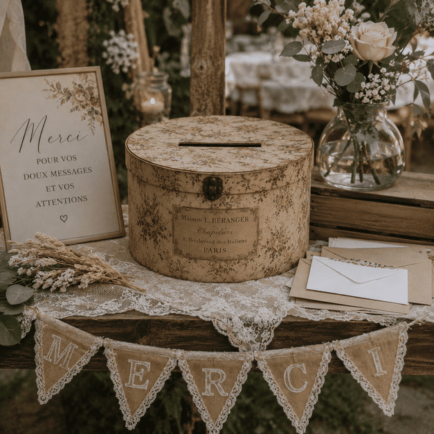 Urne pour les enveloppes, boîte à dragées — la boîte à chapeau vintage s'invite aussi aux mariages